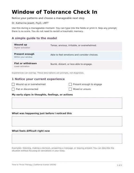 First page of the Window of Tolerance Check In, with a simple guide, checkboxes, and reflection fields.